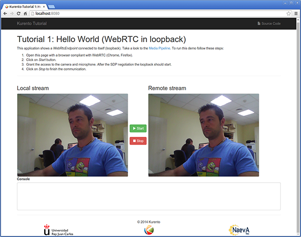 Kurento Hello World Screenshot: WebRTC in loopback