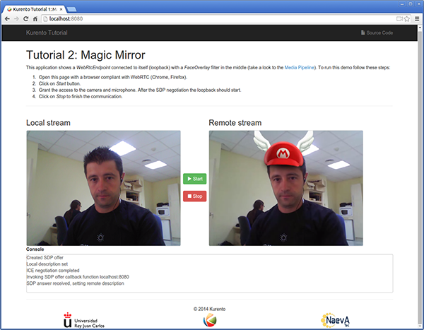 Kurento Magic Mirror Screenshot: WebRTC with filter in loopback